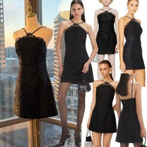 🆕 SELF-PORTRAIT 🧿 NWOT Black Tinsel Boucle Halter Mini Dress, Sz UK 10 US 6